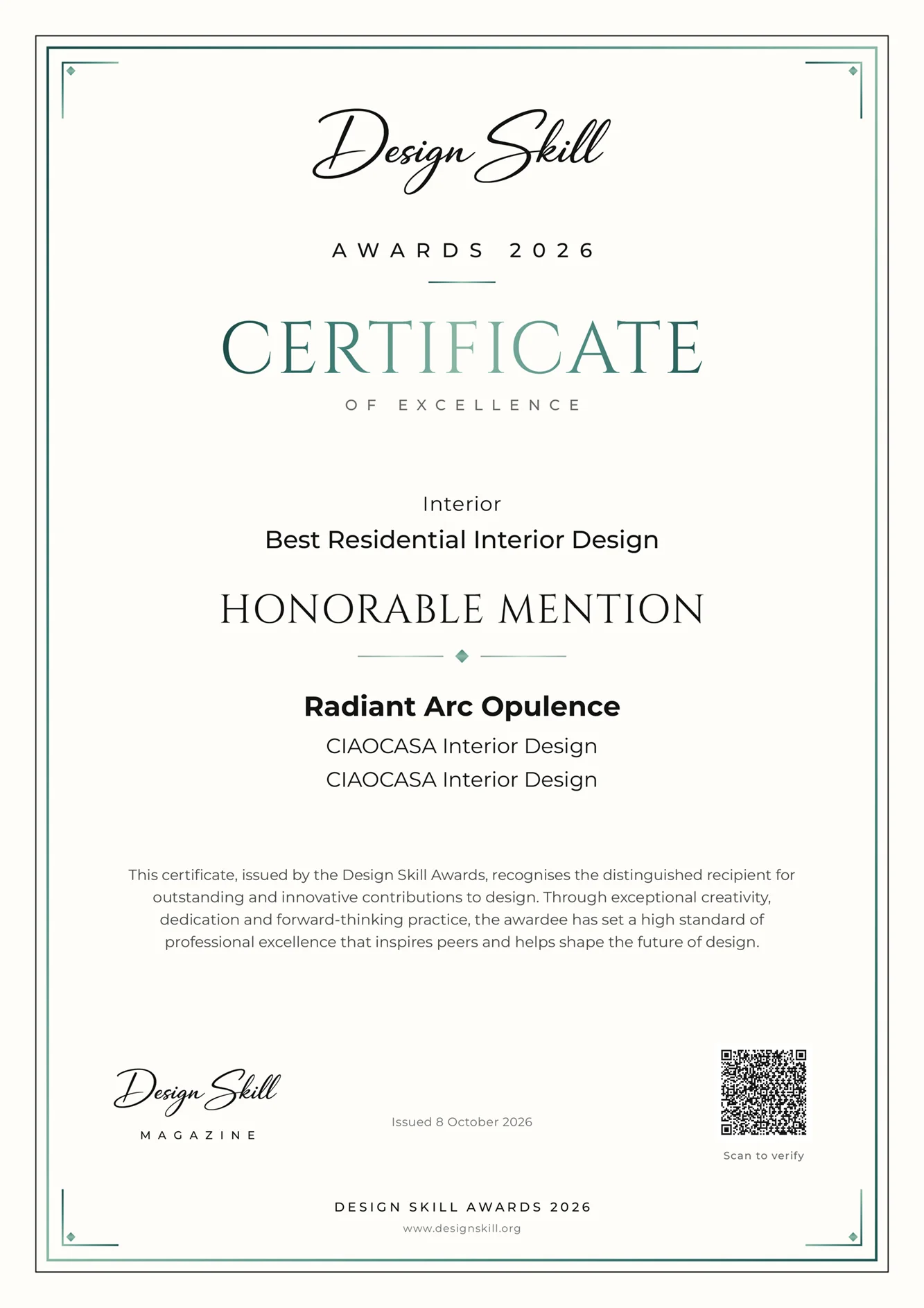 巧寓榮獲歐洲Design Skill Awards室內設計大獎獎狀