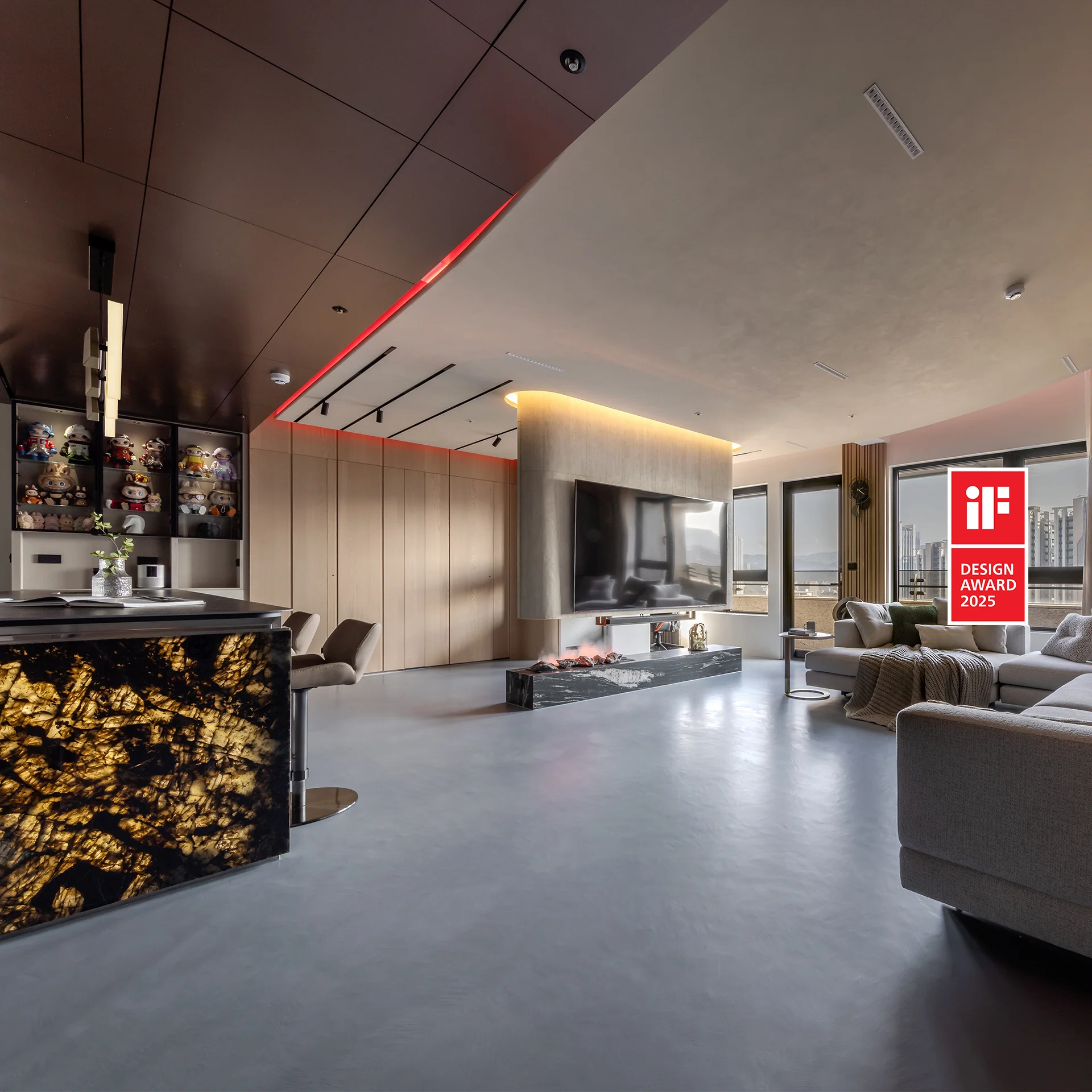 室內設計豪宅作品，懸浮式電視牆、奢石薄板透光大理石中島設計、弧形天花板與藝術漆，江柄融室內設計師